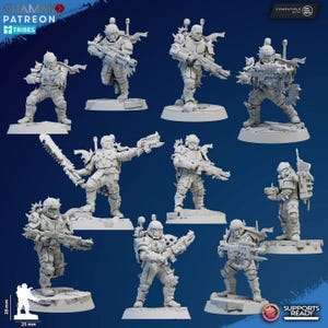 May include: A collection of unpainted miniature figurines of futuristic soldiers, each posed with weapons and armor. The figures are on individual bases, with a height of approximately 28 mm and a base width of 25 mm.