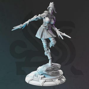 May include: A detailed, gray figurine of a female fantasy character in a dynamic pose. She is wearing armor and holding two bladed weapons. The figure is standing on a rocky base atop a circular platform.