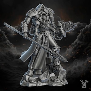 May include: A grey 3D-printed miniature of a futuristic warrior in detailed armour, holding a spear and a shield with a weapon attached. The figure stands on a rocky base, with a dark, cloudy background.