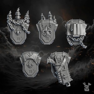May include: Five gray miniature shields with ornate details. Each shield features a fleur-de-lis emblem, rivets, and other decorative elements. Some shields have chains, candles, or other attachments, suggesting a fantasy or historical theme.
