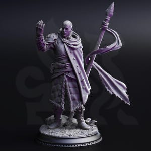 May include: A detailed purple figurine of a warrior, clad in armor and a long coat. The figure holds a spear with a flowing banner and stands on a circular base. The warrior's pose is dynamic, with one arm raised.