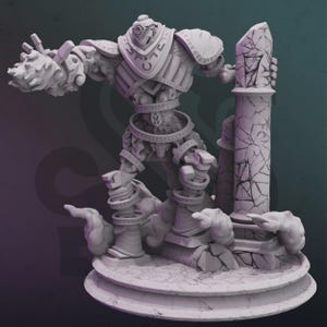 May include: A detailed, gray figurine of a stone golem with intricate armor and a textured, rocky arm. The golem stands on a cracked stone base, with a broken pillar beside it. The design is reminiscent of fantasy or tabletop gaming.