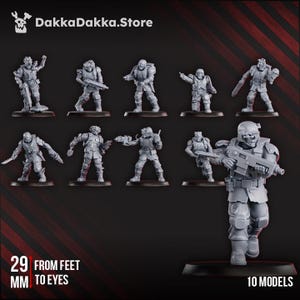 May include: A collection of ten gray miniature soldier models, each in a dynamic pose, with various weapons and gear. The models are approximately 29 mm tall. The DakkaDakka.Store logo is in the top left corner.