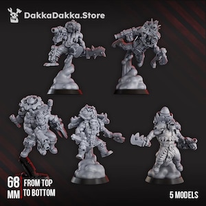 May include: Five gray miniature models of fantasy figures, each posed dynamically on a cloud-like base. The figures are heavily armored and armed with various weapons. The text "DakkaDakka.Store" and "68 mm from top to bottom" are visible.