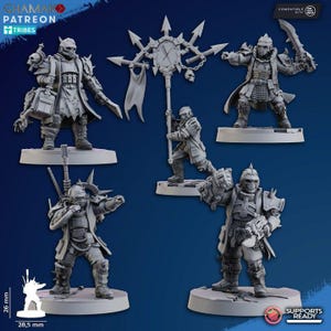 Peut inclure: Cinq figurines miniatures grises de personnages blindés, chacun posant différemment. Une figurine tient un bâton avec des pointes et une bannière. Les figurines sont sur des socles circulaires. Le texte "GHAMAK PATREON TRIBES" et "SUPPORTS READY" est inclus.