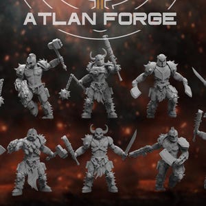 May include: A collection of gray miniature figures of warriors, each holding a weapon such as a hammer, mace, or sword. The figures are in various action poses, with horned helmets and armor. The text "ATLAN FORGE" is at the top.