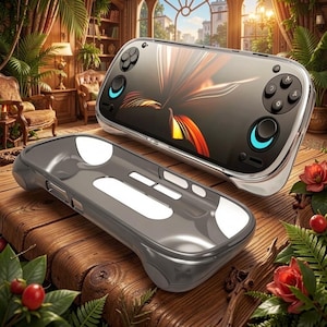 May include: A handheld gaming console with a sleek, modern design. The device features a large screen displaying a colorful abstract image, surrounded by buttons and control sticks. A matching gray protective case sits below.