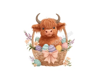 Cute Highland Cow Easter PNG, Easter Egg Clipart, Floral Cow PNG, Easter T-Shirt Design, Trendy Spring PNG