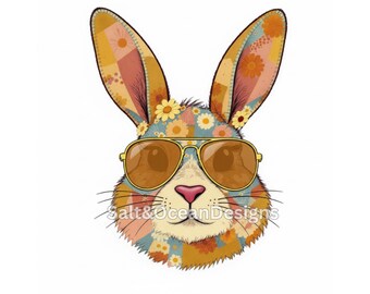 Patchwork Floral Bunny PNG – Retro Aviator Glasses Easter Design (Digital Download)