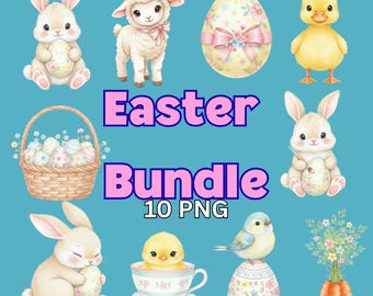 Easter Bunny Clipart Bundle – Pastel Rabbits, Chicks, Eggs (10 PNG)