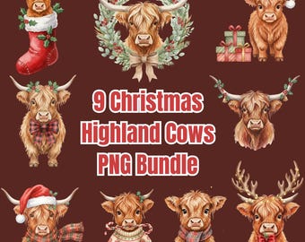 Highland Cow Christmas PNG Clipart Bundle – 9 Pack