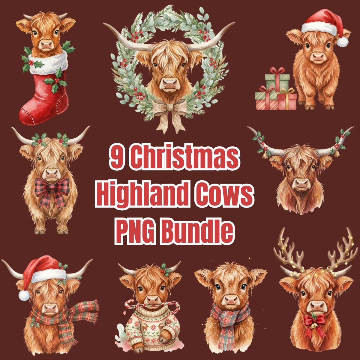 Highland Cow Christmas PNG Clipart Bundle – 9 Pack - Etsy