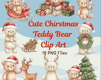 Teddy Bear Christmas Watercolor Clipart Bundle (PNG, Instant Download)