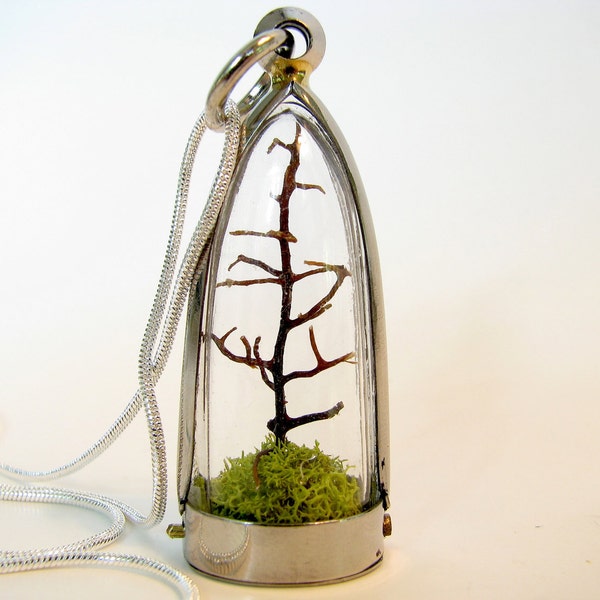 FREE Shipping and Gift Wrap Terrarium Necklace: Slender Modern Tree and Moss Terrarium Necklace