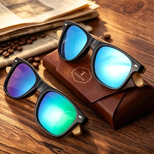 Pu&ograve; includere: Due paia di occhiali da sole con montatura nera e lenti a specchio blu sono appoggiati su un astuccio in pelle marrone. Gli occhiali da sole hanno aste in legno. Sull'astuccio &egrave; stampata la scritta "THEODORE". Chicchi di caff&egrave; e un giornale sullo sfondo.