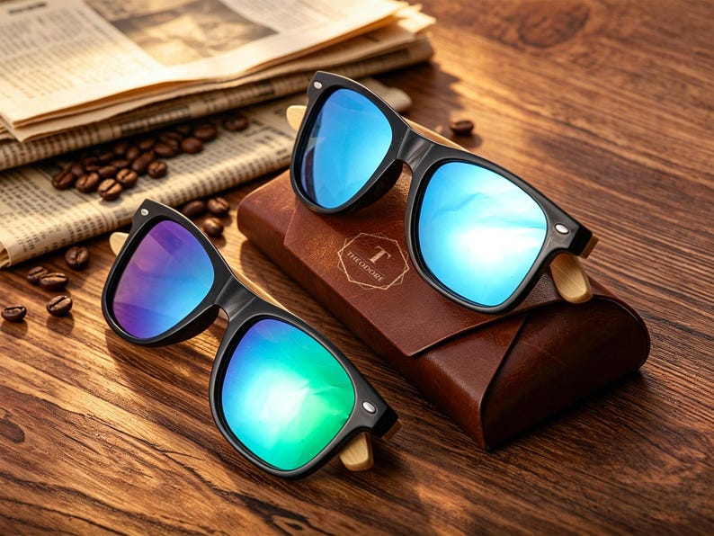 Pu&ograve; includere: Due paia di occhiali da sole con montatura nera e lenti a specchio blu sono appoggiati su un astuccio in pelle marrone. Gli occhiali da sole hanno aste in legno. Sull'astuccio &egrave; stampata la scritta "THEODORE". Chicchi di caff&egrave; e un giornale sullo sfondo.