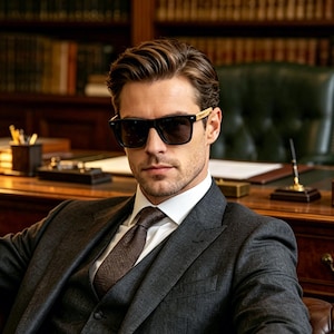 Pu&ograve; includere: Un uomo con un abito grigio scuro, camicia bianca e cravatta fantasia, con occhiali da sole neri. Lo sfondo comprende una scrivania, una lampada e una libreria piena di libri. L'uomo &egrave; seduto su una poltrona in pelle.