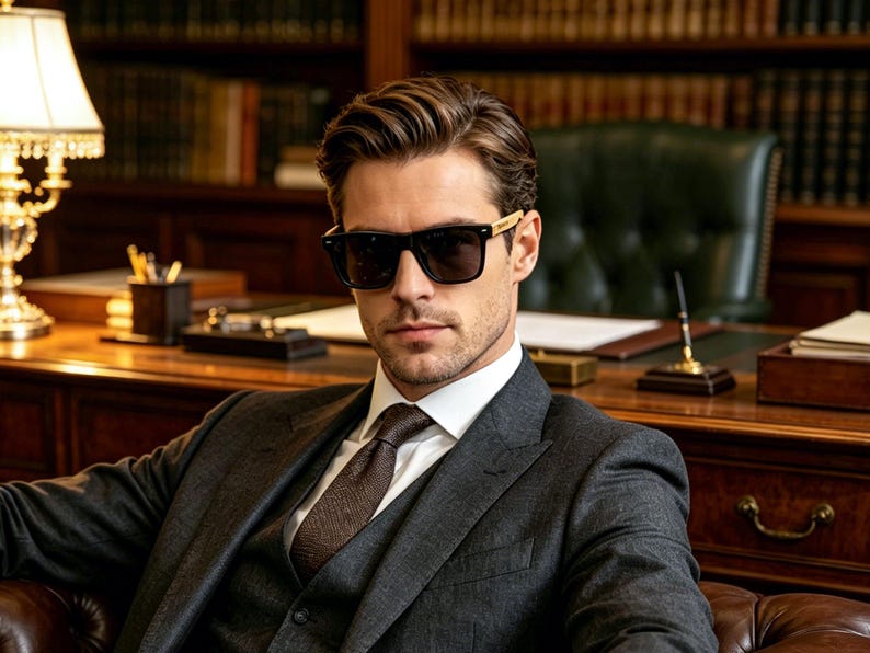Pu&ograve; includere: Un uomo con un abito grigio scuro, camicia bianca e cravatta fantasia, con occhiali da sole neri. Lo sfondo comprende una scrivania, una lampada e una libreria piena di libri. L'uomo &egrave; seduto su una poltrona in pelle.