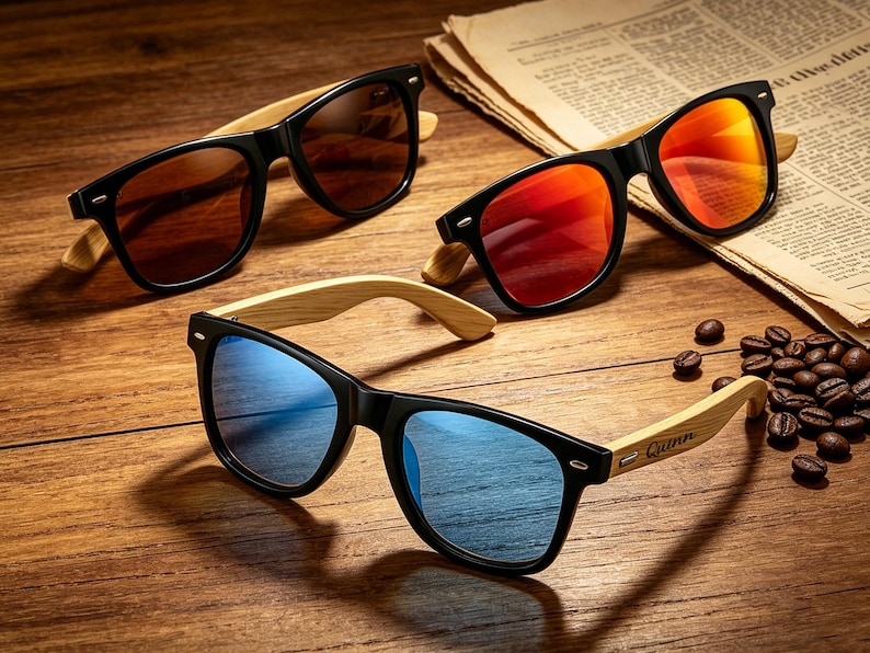 Pu&ograve; includere: Tre paia di occhiali da sole con montatura nera e aste in legno sono esposti su una superficie di legno. Le lenti sono marroni, rosse e blu. Chicchi di caff&egrave; e un giornale sullo sfondo.