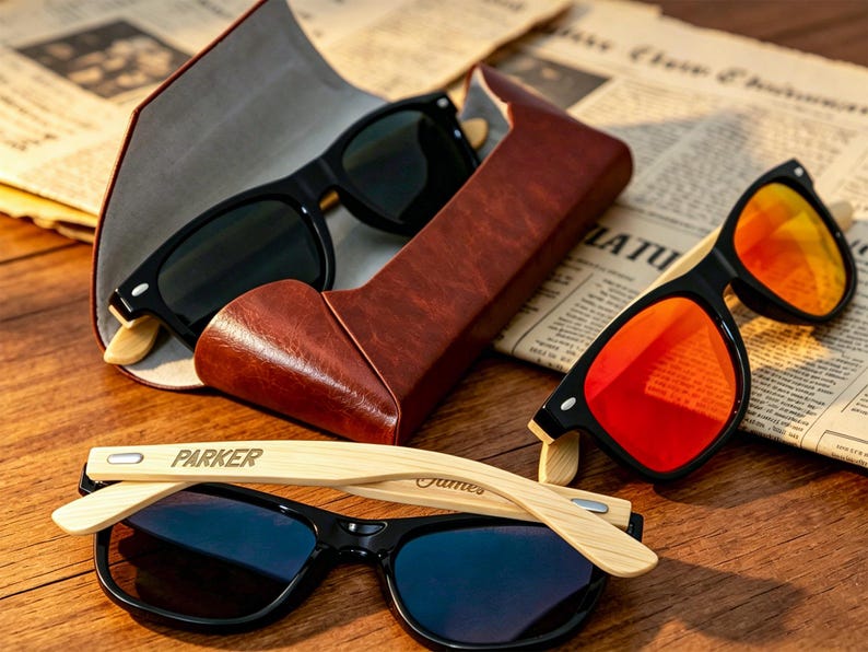 Pu&ograve; includere: Occhiali da sole con montatura nera e aste in legno sono esposti con un astuccio in pelle marrone. Un paio ha lenti blu, un altro lenti rosse e un terzo paio &egrave; nell'astuccio. La parola "PARKER" &egrave; incisa sull'asta di un paio.
