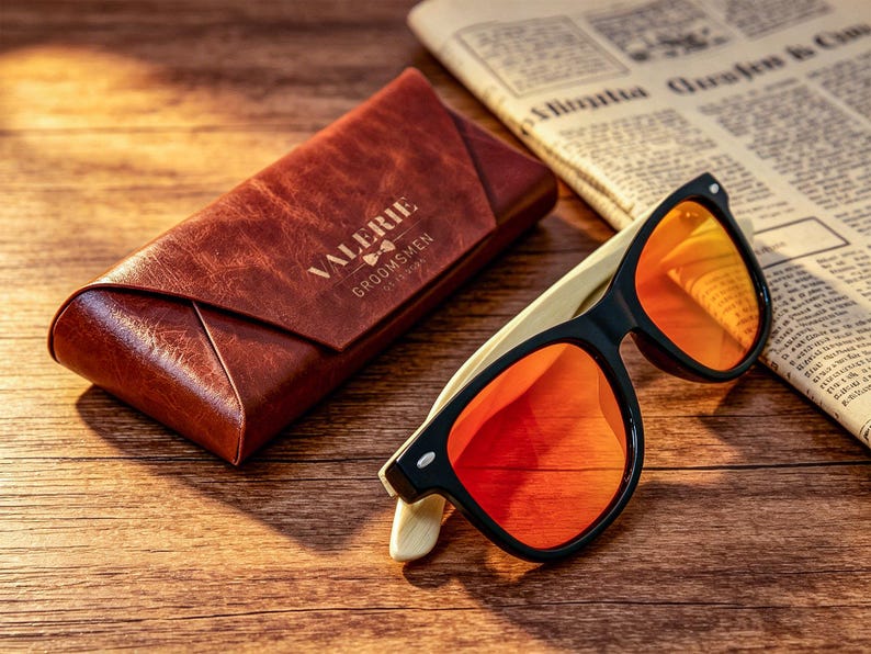 Pu&ograve; includere: Occhiali da sole con montatura nera e lenti arancioni su una superficie di legno, accanto a un astuccio in pelle marrone. L'astuccio riporta la scritta "VALERIE GROOMSMEN". Un giornale &egrave; sullo sfondo.
