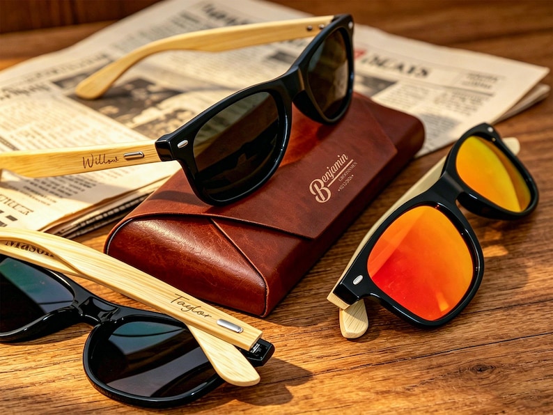 Pu&ograve; includere: Occhiali da sole con montatura nera e aste in bamb&ugrave; sono esposti su una superficie di legno. Un paio ha lenti a specchio arancioni. &Egrave; presente anche un astuccio in pelle marrone con il nome "Benjamin". Le aste degli occhiali sono incise con nomi.