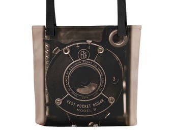 Vintage Camera Tote bag, Eastman Kodak Camera, Gift for Photographer, Kodak Vest Pocket, Retro Camera Shoulder Bag, Two Handle Tote Bag