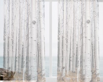 Sheer Birch Forest Window Curtains • Aspen Trees Semi-Transparent Drapes • 50x84 Nature Theme Living Room Panels • Airy Woodland Decor