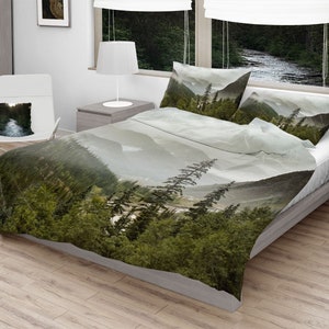 Mountain Valley Scenic Duvet Cover, Colorado Nature Bedding, Twin, Queen Bed Set, Mountainous View, Wanderlust, Foggy, Forest
