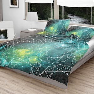 Outer Space Duvet Cover, Galaxy Queen Bedding, Twin, Dorm Nature Bed, Gift for Nerd, Science Bedroom, Sacred Geometry