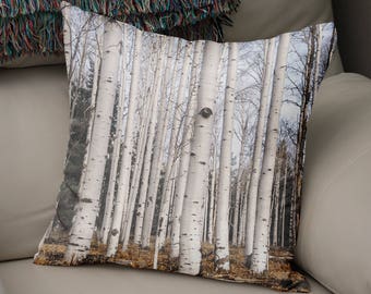 Birch Forest, Trees Throw Pillow - Forest , Rustic Mountain, Minimalist, Aspen Trees Pillow, White Living Room