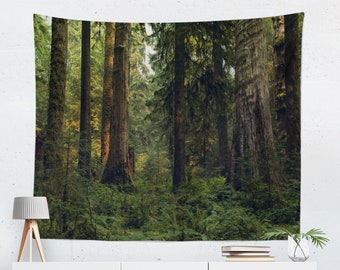 Olympic Rain Forest Wall Tapestry, Cedar Trees Wall Hanging, Ferns, Lush Forest Bedroom Decor, Giant Cedars, Sunbeams