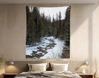 Snowy Forest Tapestry, Winter Wonderland Christmas Decor, Rocky Mountain Scene