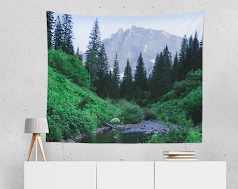 Lush Montana Valley Wall Tapestry, Mountains Forest, Home Office Background, Nature Mountain Stream, Scenic View Zoom Meetings, Peak, River