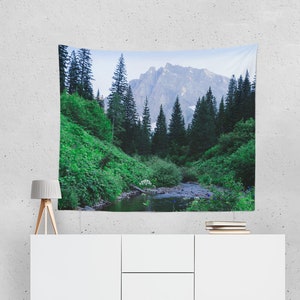 Lush Montana Valley Wall Tapestry, Mountains Forest, Home Office Background, Nature Mountain Stream, Scenic View Zoom Meetings, Peak, River