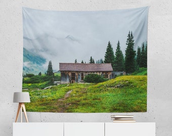 Rustic Cabin Colorado Wall Tapestry, Dream Home, Foggy Mountains, Forest Wall Hanging, Mountain Bedroom Decor, Home Office, Zoom Background