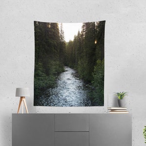 River and Trees Nature Wall Tapestry, Pine Forest Zoom Background, Montana, Mountain Bedroom Wall Hanging, Nature Home Office, Yaak River