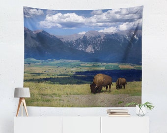 Bison Wall Tapestry, Western Montana Mountain Range, Landscape Wall Art, Wildlife Decor, American Buffalo