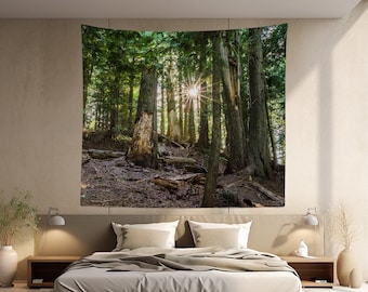 Cedar Forest Wall Tapestry with Beautiful Nature and Sunbeams, Mountain View Forest Tapestry