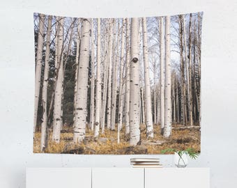 White Birch Trees Wall Tapestry, Autumn Forest in the Mountains, Minimalist Bedroom Decor, Free Shipping