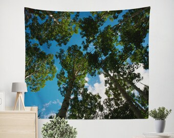 Bäume und Himmel Natur Wandteppich, Ponderosa Kiefernwald, Oregon Wandkunst Kiefern, Waldlandschaft, Blick nach oben, friedlich, inspirierend Dekor