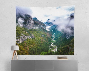 Herbst im Yosemite Natur Wandbehang, Nebel Tal, bewölkter Wald, Natur Wandbehang, Herbst Farben, Nationalpark Dekor, Kalifornien Wandkunst