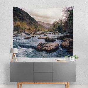 Rocky River Nature Wall Tapestry, Wales Wilderness Home Decor Mountain Bedroom, Wanderlust Travel Art, Blue Water Hanging, UK Britain Decor