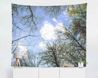 Nachschlagen, Herbst Bäume Wandbehang, Rauchige Berge, Zweige, Baum Landschaft, Bäume und Himmel, Wald Wandkunst, Gelb Blau