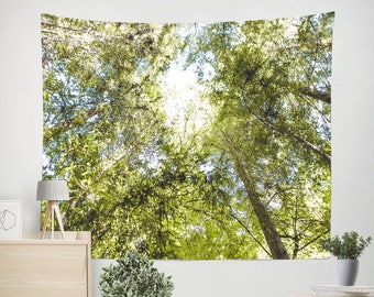 Green Trees and Sky Wall Hanging, Zen Bedroom Gift, Nature Tapestry, Sequoia Forest Bedroom, California Redwood Treetops, Meditation Room