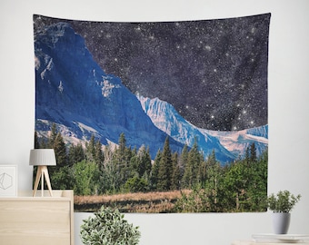 Surreal Mountain Tapestry, Glacier National Park, Starry Night Wall Art
