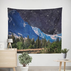 Surreal Mountain Tapestry, Forest Wall Art, Blue and Black Modern Decor, Dorm Outer Space Decor, Gift for Nerd, Glacier National Park Nature