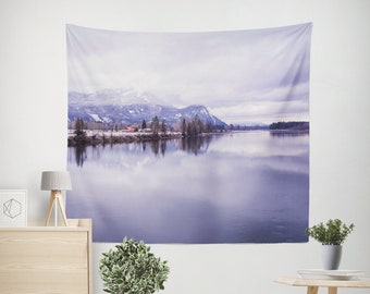 Scenic Winter Lake Nature Tapestry, Peaceful Landscape Scenery, Mountain Tapestries, River Reflection, Zoom Meetings, Idaho Forest Wall Art