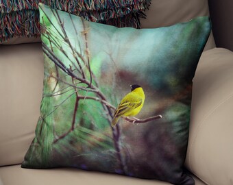 Yellow Canary Bird Pillow – Nature Photography Couch Cushion