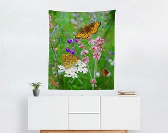 Natur Wandteppich, Blumen Schlafzimmer Dekor, Schmetterling Wandteppich, Zoom Zimmer Dekor, Blumen Wandteppiche, Große Wandteppich, Wildblumen